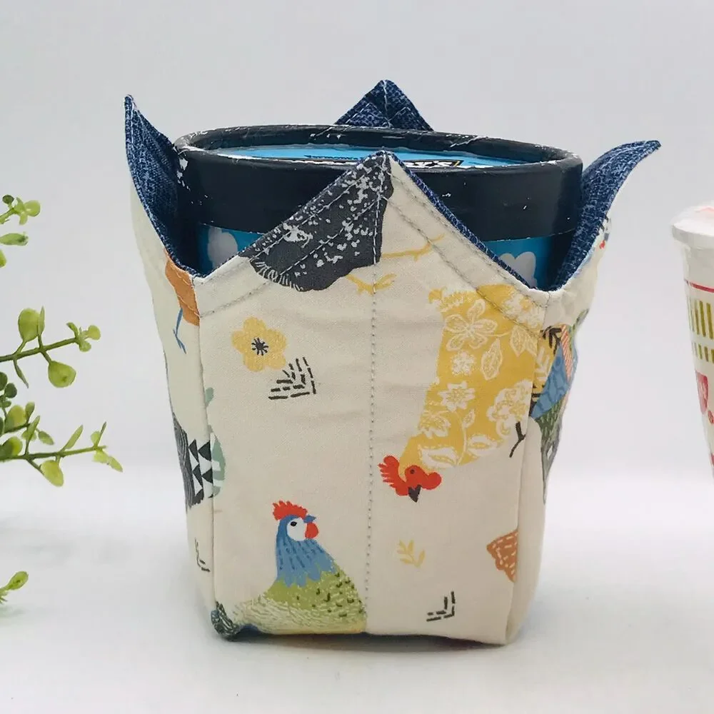 Microwave Pint Size Cozy, Reversible, Cottage Core Patchwork Chickens Cream Blue